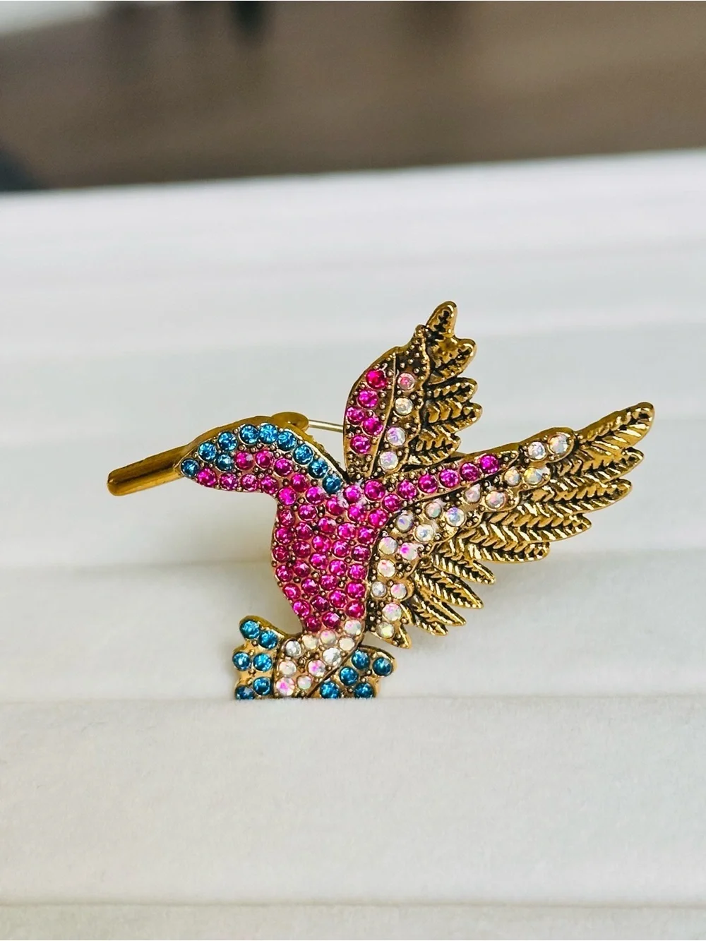 Gold Hummingbird Brooch with Pink and Blue Rhinestones NEW
